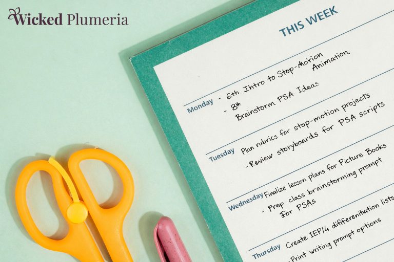 Planning page with notes from a teacher, yellow scissor handles, and partial view of a pink pen. Wicked Plumeria branding in top left corner.