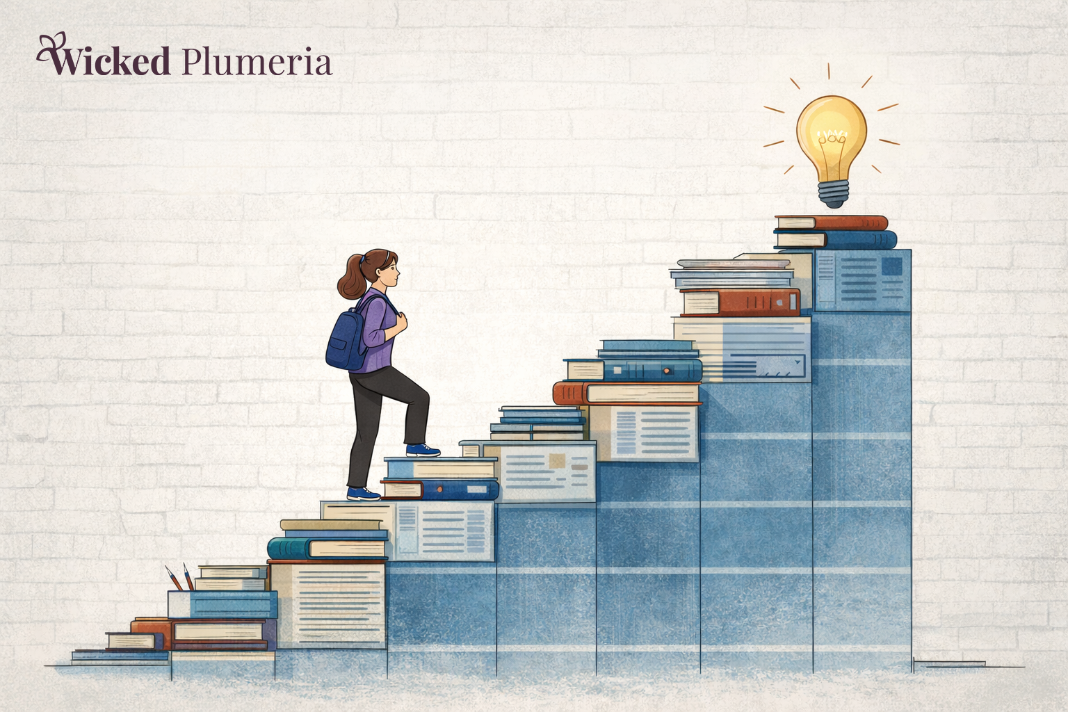 Illustrated teacher with a backpack climbing a staircase of books towards an idea lightbulb