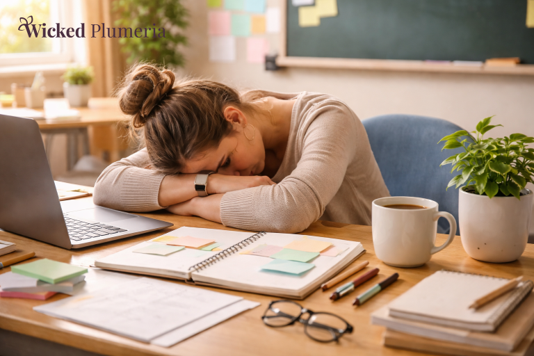 Tired Teacher in Cluttered Classroom