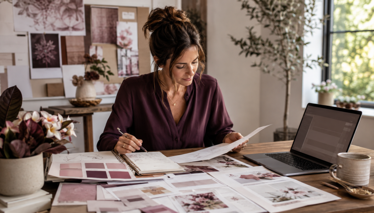 Small-business strategist refining AI-assisted marketing content at a creative workspace